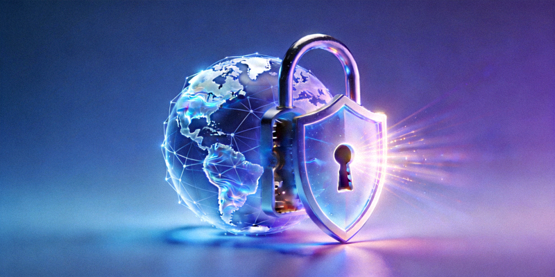 地球仪与打开的锁的抽象组合图，寓意解锁全球网络与隐私保护