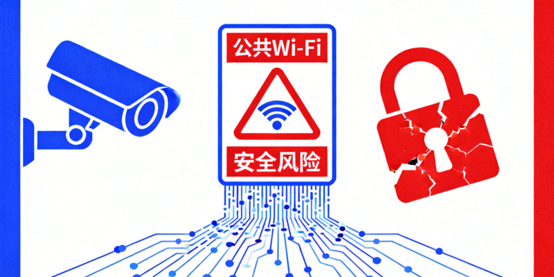 公共Wi-Fi热点警示标志与黑客入侵的抽象概念图，象征不安全的网络风险