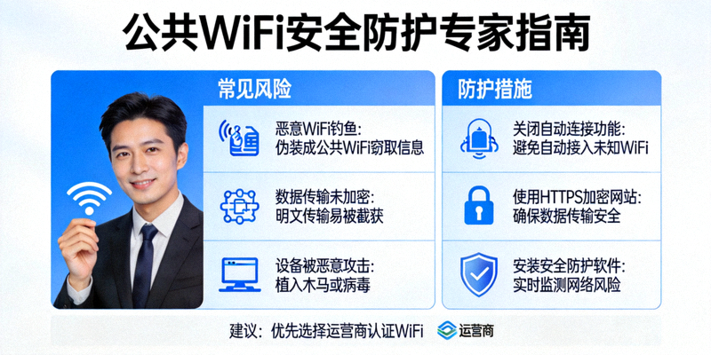 公共WiFi安全防护专家指南信息图，列出风险与防护措施