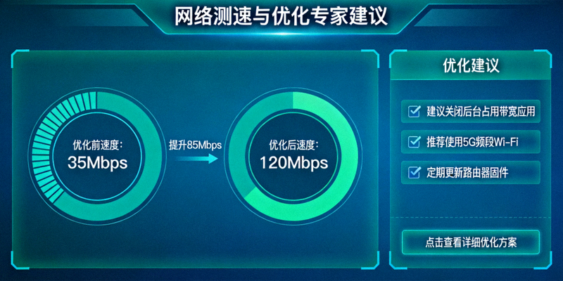 网络测速与优化专家建议仪表盘，显示优化前后的速度对比