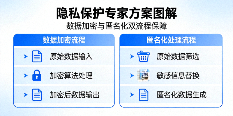 隐私保护专家方案图解，显示数据加密和匿名化流程